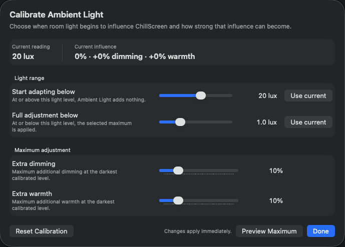Ambient Light calibration controls