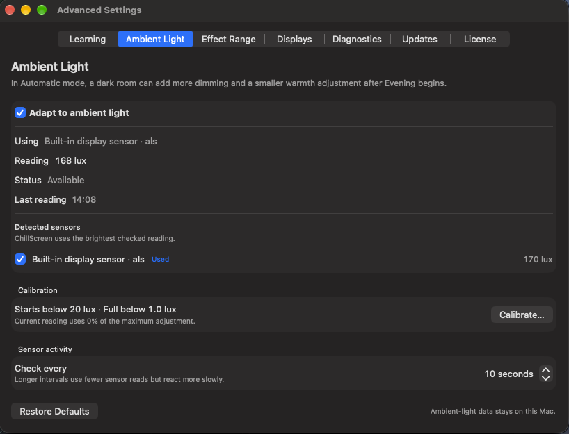 ChillScreen Ambient Light settings