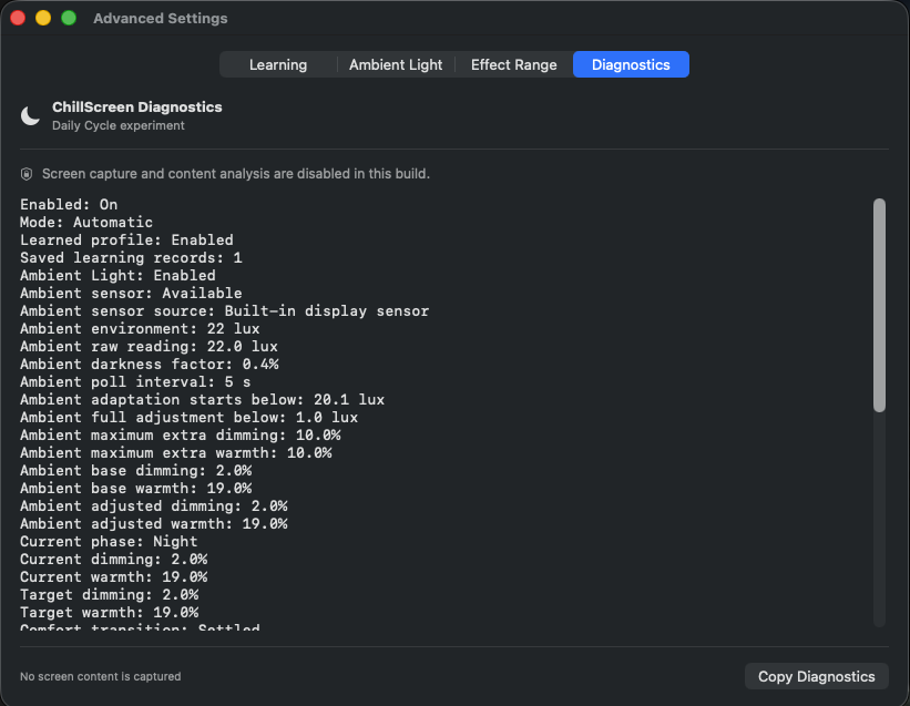 ChillScreen Diagnostics window