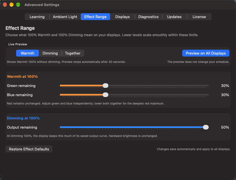 ChillScreen Effect Range settings