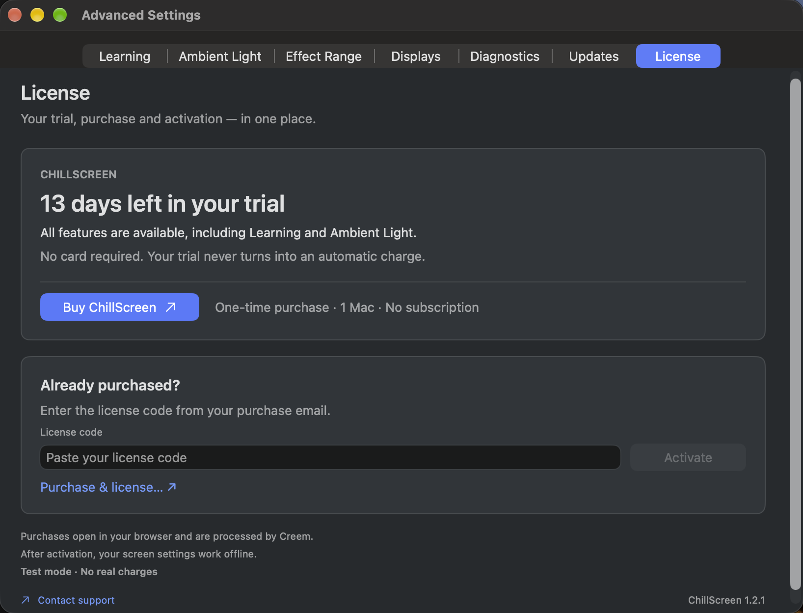 License settings during the trial, with purchase and activation controls
