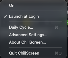 ChillScreen menu while effects are off, with Launch at Login enabled