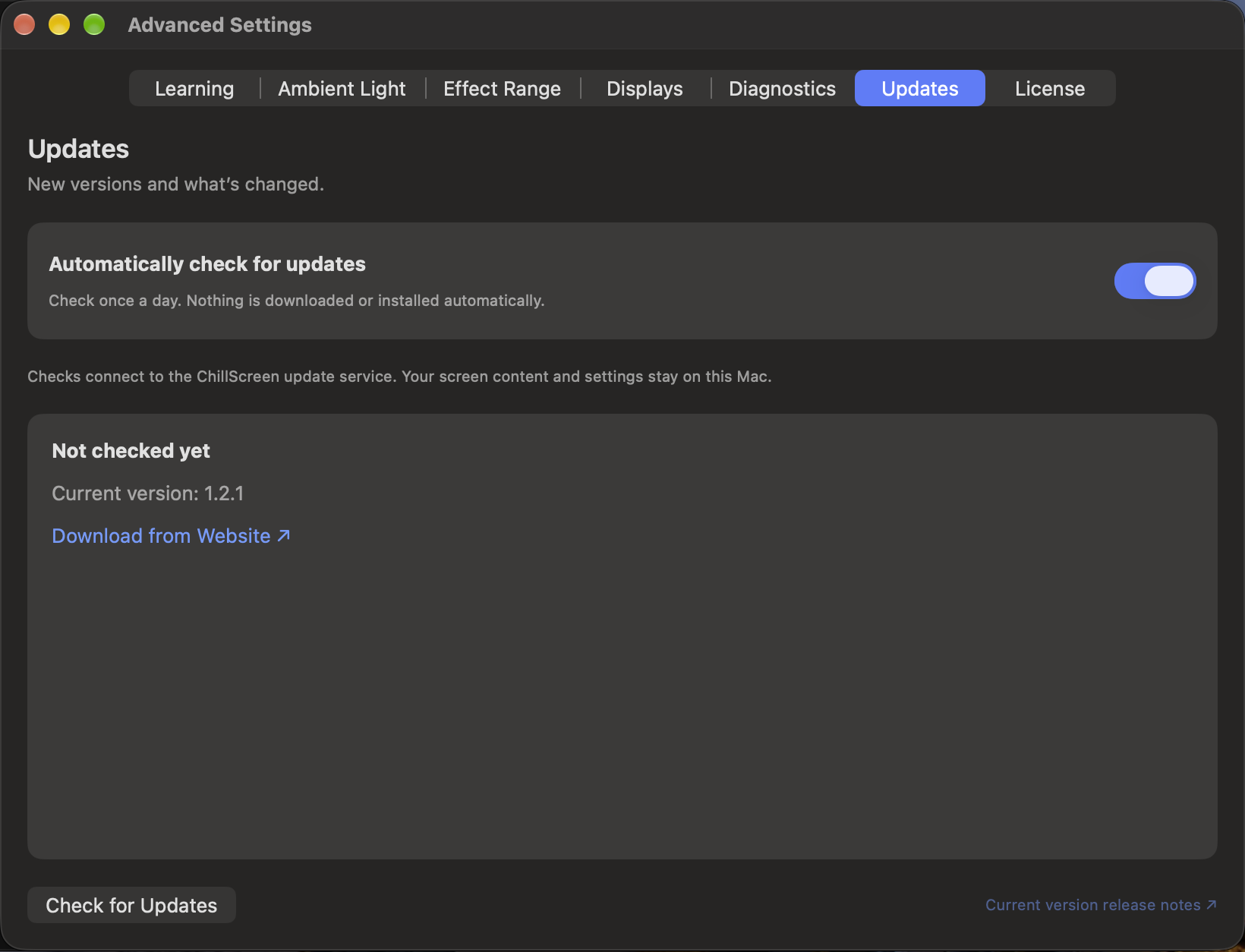 Updates settings with automatic checks and Download from Website